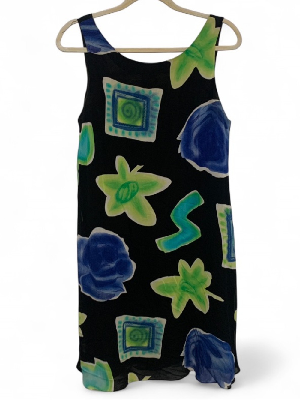 Vintage Jeffrey and Dara Black Floral Shift Dress with Blue & Green Print
